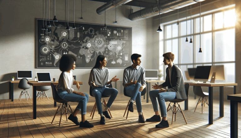 Tres jóvenes emprendedores conversan ante una pizarra digital en un coworking moderno, rodeados de dispositivos tecnológicos y luz natural.