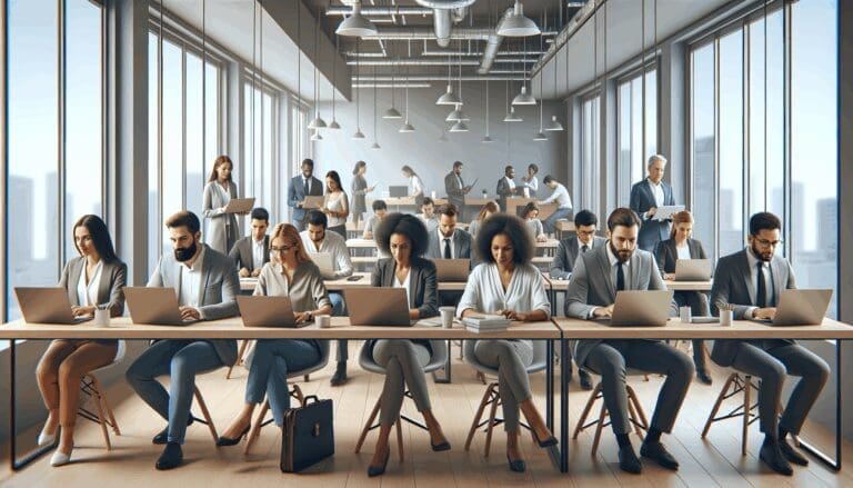 Oficinas de coworking llenas de emprendedores trabajando sobre computadoras portátiles.