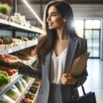 Emprendedora joven en un mercado moderno, revisando productos frescos en estanterías, luz natural.