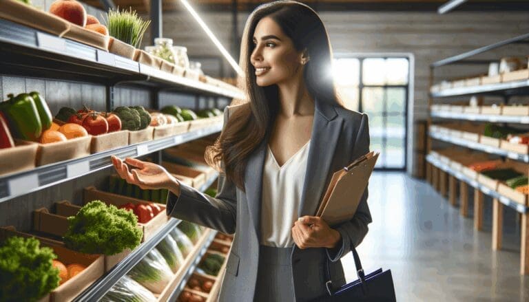 Emprendedora joven en un mercado moderno, revisando productos frescos en estanterías, luz natural.