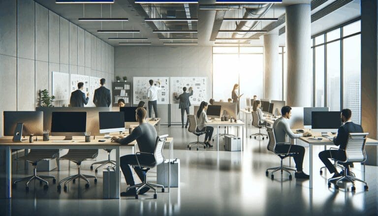 Oficinas modernas con emprendedores reunidos trabajando sobre ordenadores y pizarras, ambiente tecnológico y colaborativo.