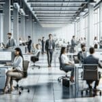 Oficina corporativa moderna con personas trabajando y tecnología visible en espacios colaborativos.