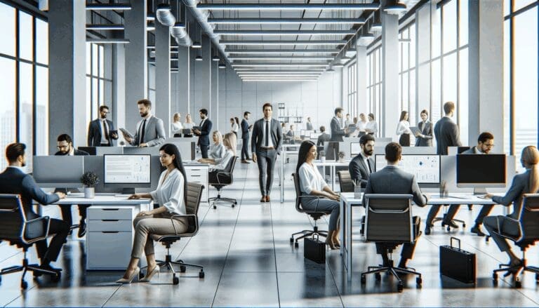 Oficina corporativa moderna con personas trabajando y tecnología visible en espacios colaborativos.