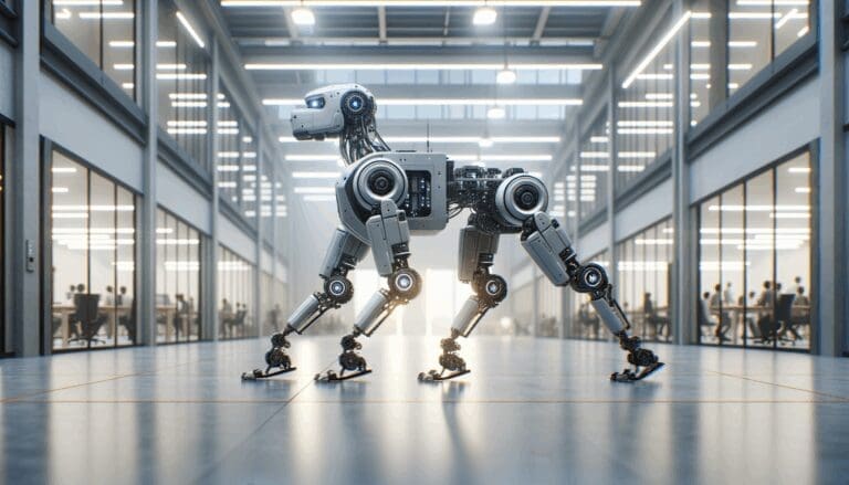 Robot cuadrúpedo avanzado caminando en un entorno industrial moderno con fondo desenfocado.