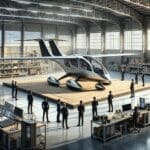 Hangar moderno con un prototipo de vehículo aéreo eléctrico y personal técnico evaluando el diseño.