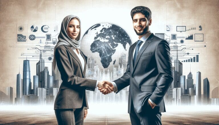 Dos ejecutivos dándose la mano frente a un fondo de ciudad moderna con elementos tecnológicos y de logística.