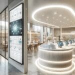 Interior de una farmacia moderna con tecnología digital en exhibición, atención farmacéutica y ambiente urbano brasileño.