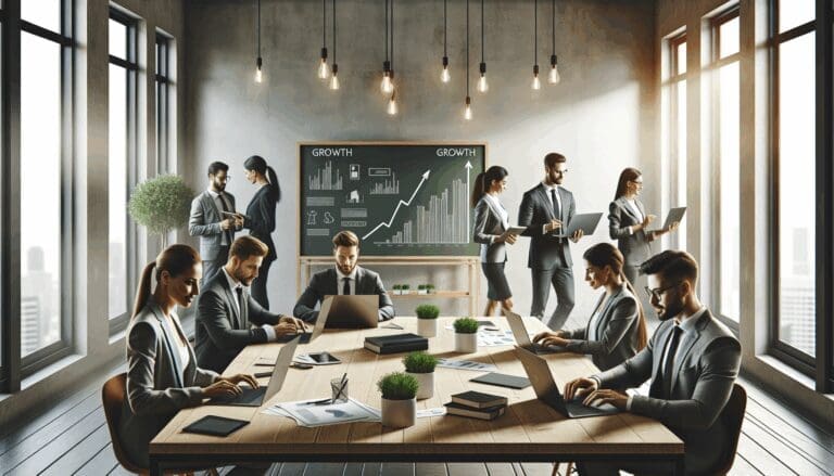 Emprendedores colaborando en un espacio de coworking moderno, laptops abiertas y pizarras con gráficos de crecimiento.