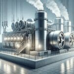Maquinaria industrial moderna con generadores y vapor, representando energía renovable en ambiente tecnológico.