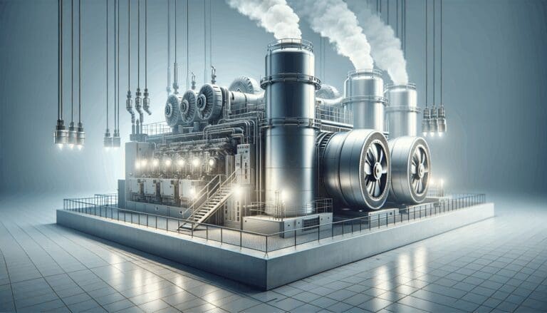 Maquinaria industrial moderna con generadores y vapor, representando energía renovable en ambiente tecnológico.