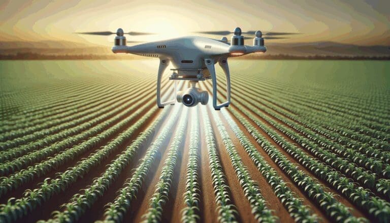 Un dron sobrevolando campos agrícolas mientras analiza los cultivos, con sensores tecnológicos visibles.