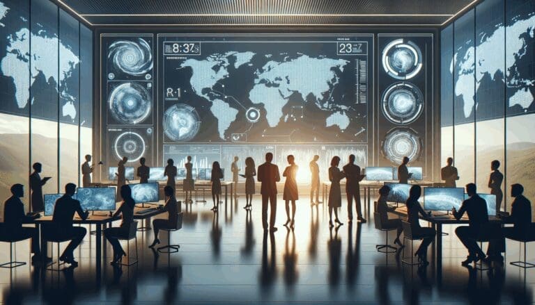 Laboratorio moderno con pantallas digitales y siluetas de científicos observando mapas climáticos futuristas