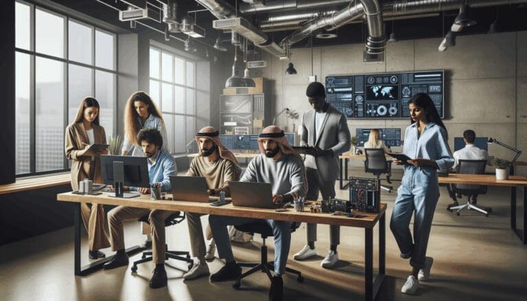 Grupo diverso de jóvenes profesionales trabajando juntos en un espacio de coworking moderno con pantallas y dispositivos tecnológicos.