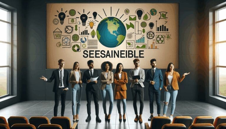 Jóvenes emprendedores presentando ideas sostenibles en un auditorio moderno y luminoso.