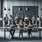 Emprendedores trabajando en laptops frente a una pizarra digital en una oficina moderna.