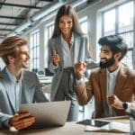 Emprendedores colaborando en un espacio de coworking moderno y luminoso.