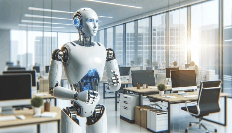 Un robot humanoide avanzado operando en un entorno de oficina moderna y luminosa.