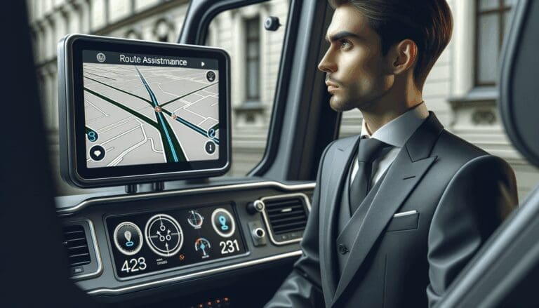 Conductor concentrado al volante mientras observa una interfaz digital de asistencia en ruta dentro de un vehículo moderno.