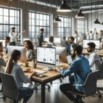 Oficina de startup tecnológica con computadores y equipo de trabajo multicultural.