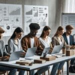 Jóvenes empresarios trabajando en laptops en una oficina moderna, rodeados de pizarras y gráficos de logística.