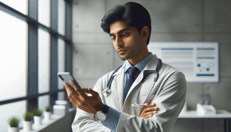 Médico usando un teléfono inteligente en un entorno moderno.