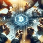 Fotografía conceptual de manos colaborando en una mesa con gráficos digitales y símbolos de blockchain.