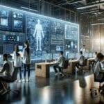 Equipo multicultural trabajando en un laboratorio tecnológico con placas de circuitos y pantallas iluminadas.