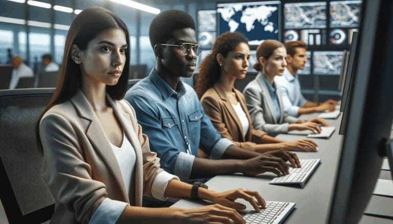 Grupo diverso de jóvenes en un centro de operaciones de logística, rodeados de pantallas y mapas digitales.