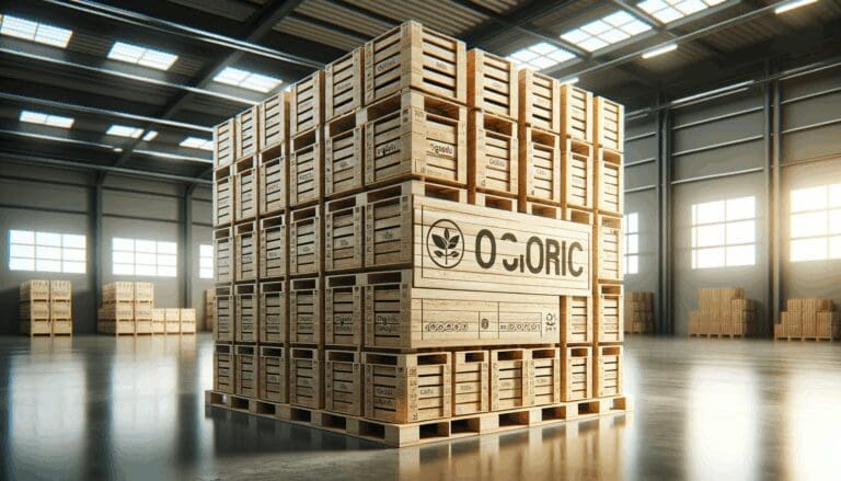 Primer plano de pallets ecológicos apilados en un almacén industrial moderno, resaltando materiales orgánicos.