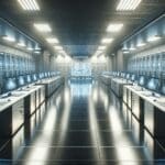 Laboratorio tecnológico con computadoras de alta gama, luces tenues y ambiente futurista.