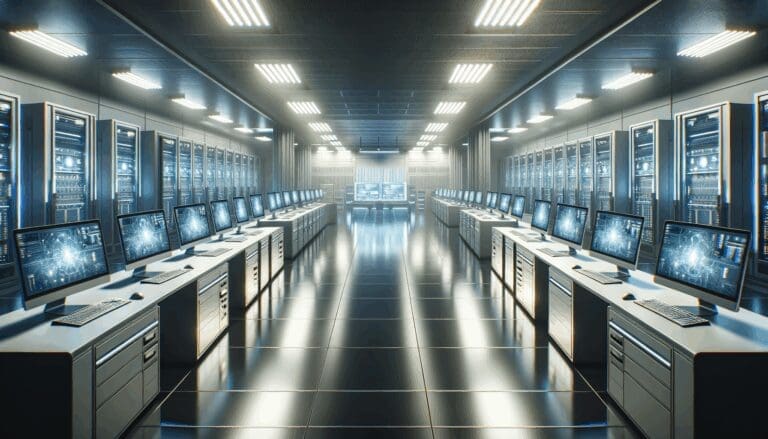 Laboratorio tecnológico con computadoras de alta gama, luces tenues y ambiente futurista.