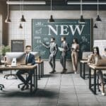 Equipo emprendedor trabajando en un espacio de coworking moderno con pizarras y dispositivos electrónicos.