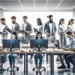 Equipo de jóvenes innovadores trabajando con pantallas y computadoras en un entorno tecnológico moderno.