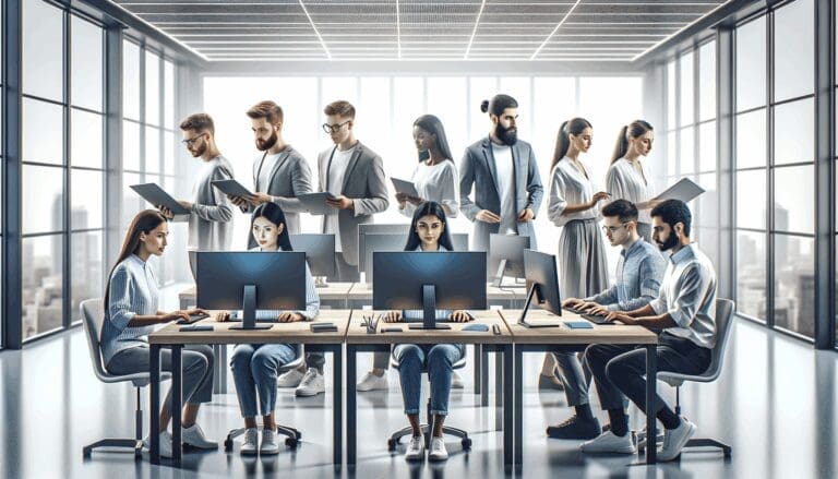 Equipo de jóvenes innovadores trabajando con pantallas y computadoras en un entorno tecnológico moderno.