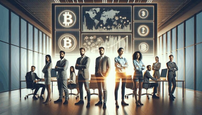 Equipo multicultural de emprendedores reunidos frente a pantallas con gráficos financieros y símbolos de criptomonedas, ambiente moderno de oficina.