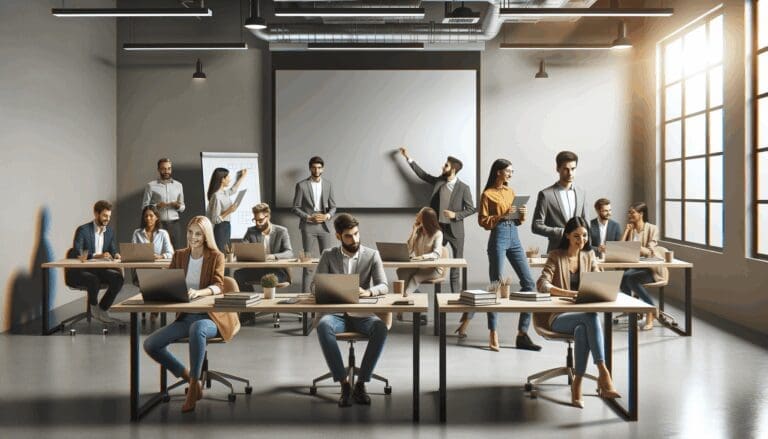 Grupo diverso de emprendedores colaborando en un espacio de coworking con laptops y pizarras digitales.