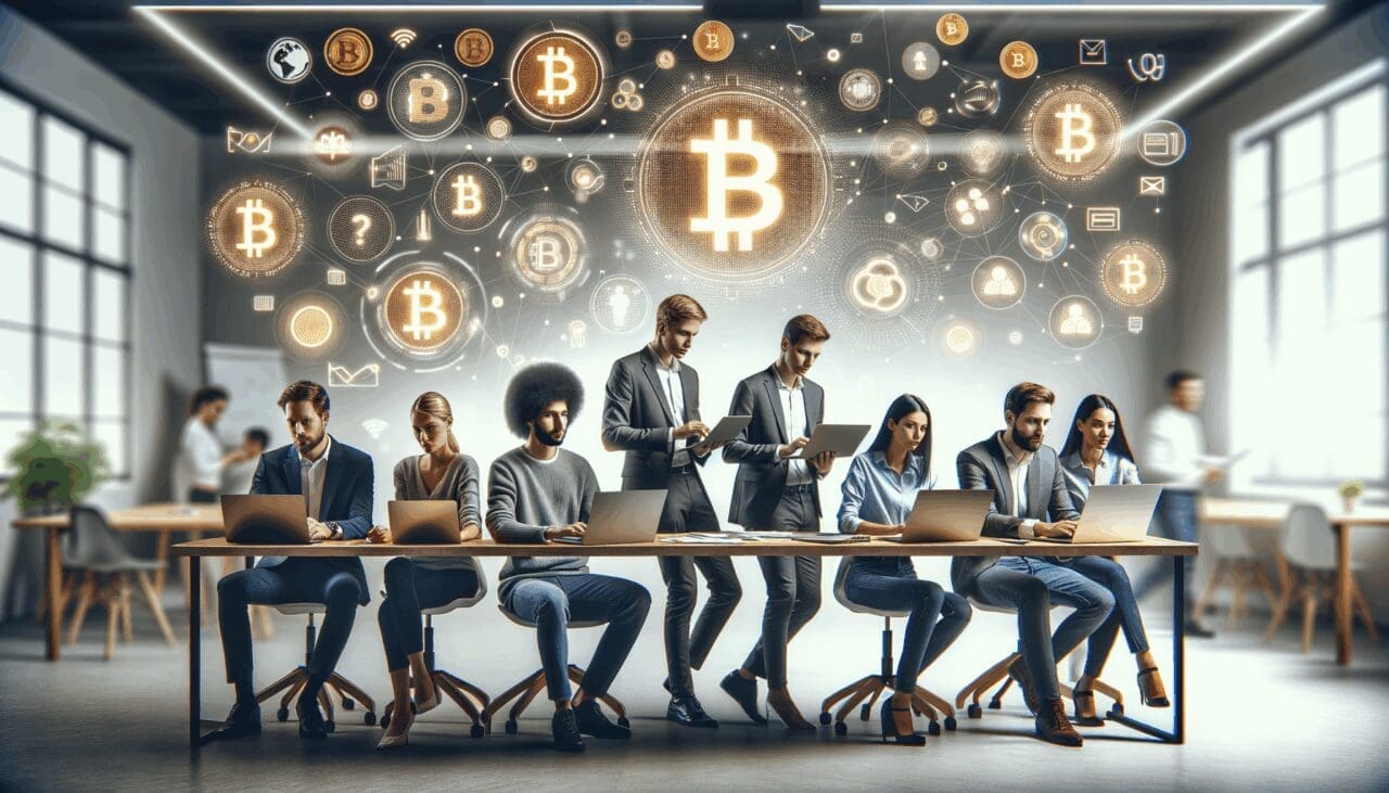 Equipo joven de emprendedores trabajando con laptops en un espacio de coworking moderno, con iconos digitales de criptomonedas flotando.