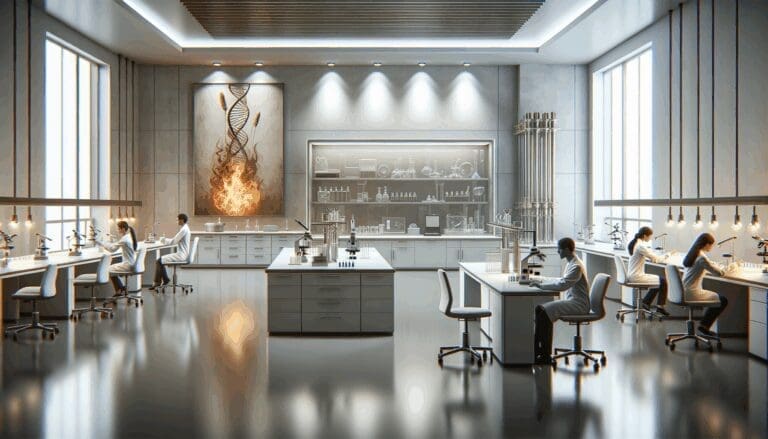 Laboratorio biotecnológico moderno con científicos trabajando y presencia de llamas en arte decorativo.