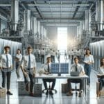 Equipo de jóvenes ingenieros colaborando en un laboratorio tecnológico moderno con maquinaria de energía limpia.