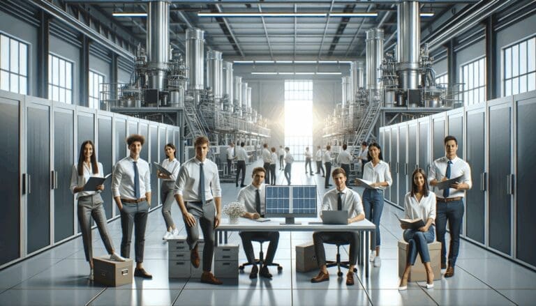 Equipo de jóvenes ingenieros colaborando en un laboratorio tecnológico moderno con maquinaria de energía limpia.