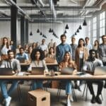 Grupo diverso de emprendedores en un espacio moderno de coworking con pizarras y laptops.