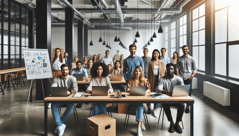 Grupo diverso de emprendedores en un espacio moderno de coworking con pizarras y laptops.