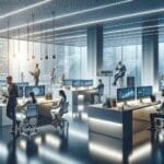 Oficinas modernas con equipos tecnológicos y emprendedores colaborando en un entorno innovador.