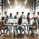 Equipo de jóvenes emprendedores colaborando frente a pantallas digitales en un espacio moderno de coworking.