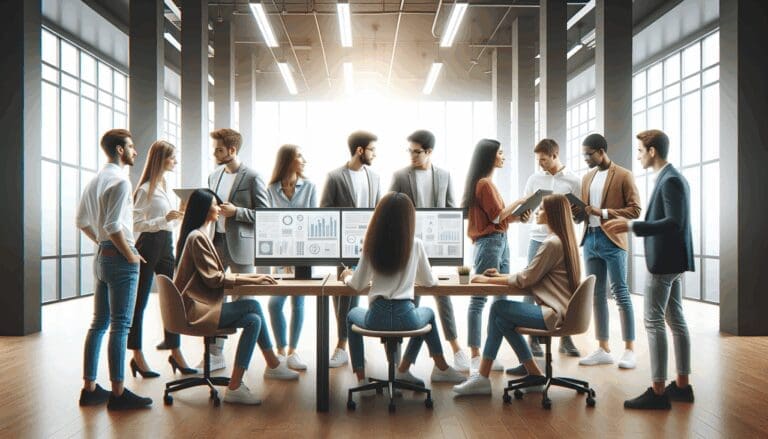 Equipo de jóvenes emprendedores colaborando frente a pantallas digitales en un espacio moderno de coworking.