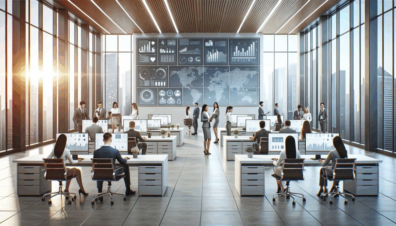 Oficinas modernas con equipos de trabajo colaborando frente a varias pantallas digitales.