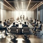 Sala de reuniones moderna con emprendedores conversando y computadoras portátiles abiertas.