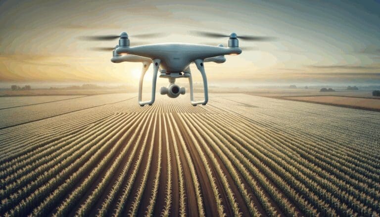 Dron volando sobre un extenso campo de cultivo al amanecer, en un entorno rural tecnológico.