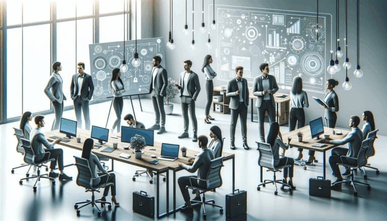 Emprendedores reunidos en un espacio de coworking moderno, rodeados de dispositivos tecnológicos y pizarras.