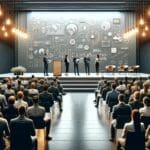 Emprendedores presentando sus ideas en un auditorio moderno lleno de asistentes, ambiente tecnológico.